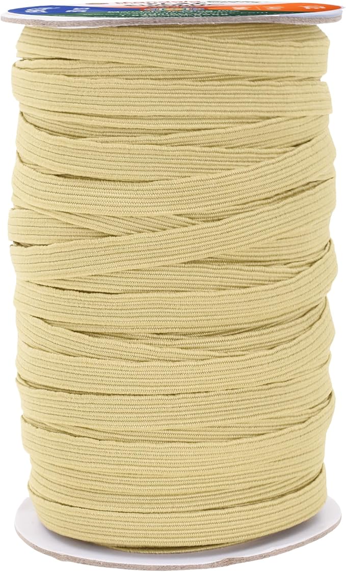 Mandala Crafts 6mm 50 Yds Roll of Beige Elastic Bands for Sewing - 1/4 Flat Elastics Cord - 1 4 Inch Braided Stretch Straps for Crafting