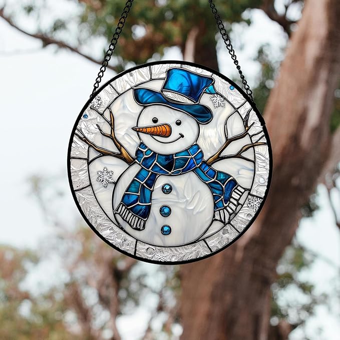 Stained Glass Window Hanging 4 Pcs Set White Winter Christmas Snow Scene 9.8" - Suncatcher Door Garden Sun Catcher Decor Birthday for Mom Woman Nana Men Friend Wife