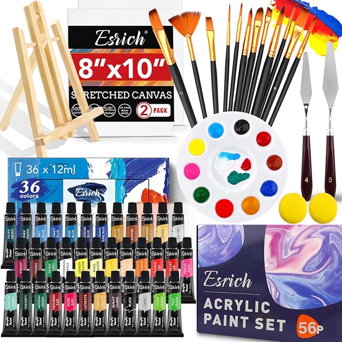 Acrylic Paint Set,56 PCS Professional Painting Supplies with Paint Brushes, 36 Colors Acrylic Paints, 1 Easel, 2 Painting Canvases, Palette, Paint Knives and Art Sponges for Hobbyists and Beginners