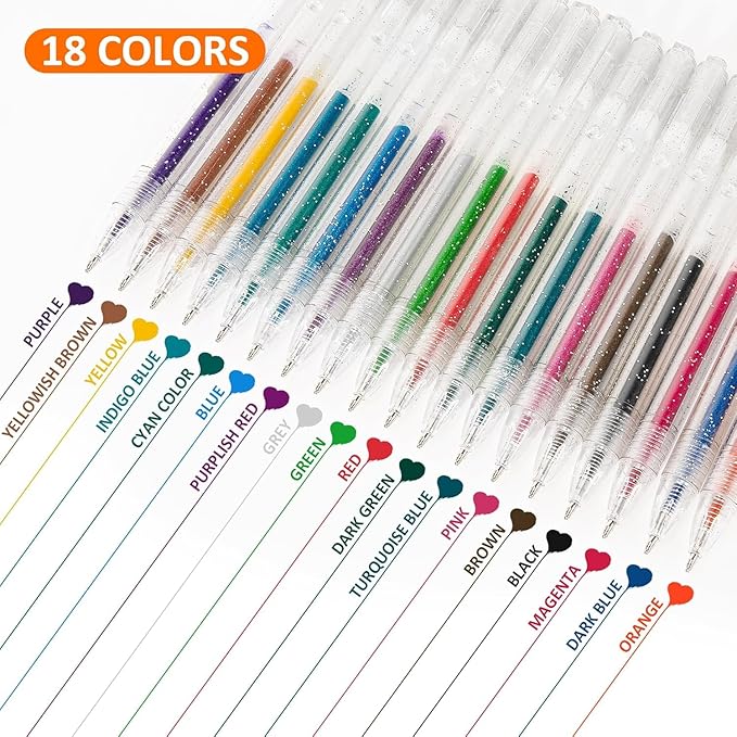 SMOOTHERPRO Glitter Retractable Gel Pens 18 Colors Metallic Colored Gel Pen 1.0 mm Bold Silver Glitter Gel Ink for Adults Coloring Journaling Drawing Doodling (GRP018N)