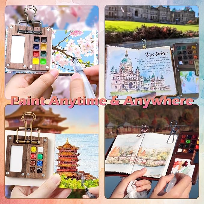 Mini Watercolor Paint Set, Travel Paint kit, Pocket Watercolor Set with 12 Color, Wooden Grid Paint Box, Sketchbook, 6 Brush, Portable Paint Palette for Beginners, Artists Enthusiasts(Wooden-S)