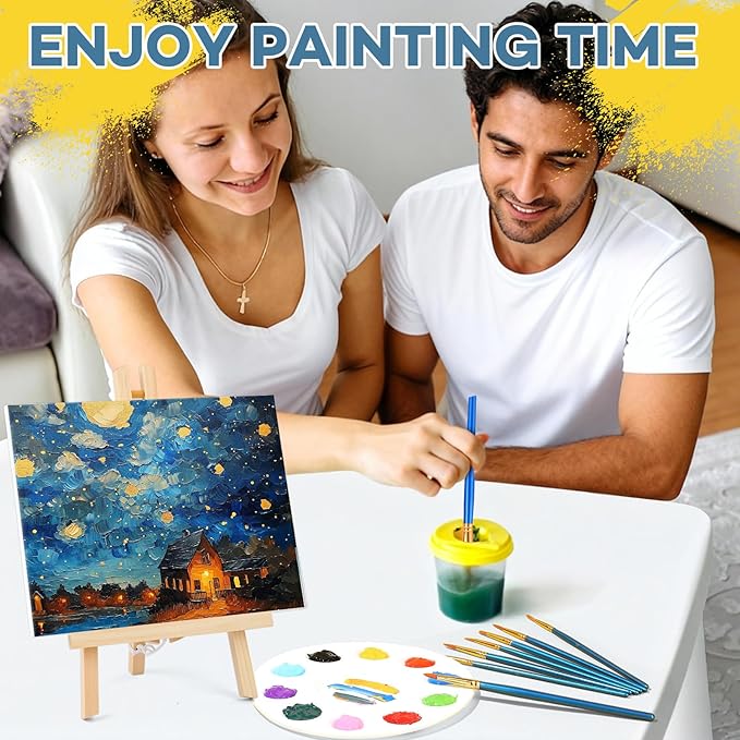 ESRICH 130PCS Canvas with Easel Set, Paint and Sip Kit for Adults,Paint Brushes Canvas Panel Painting Kit,Painting Supplies Kit, Artists and Beginners to Painting Party