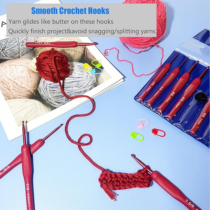 Ergonomic Crochet Hooks Set,Silicone Crochet Hook Knititng Needles for Arthritic Hands Premium Soft Grip Crochet Handles for Crocheting Yarn Craft Projects(2.0mm-6mm,Red)