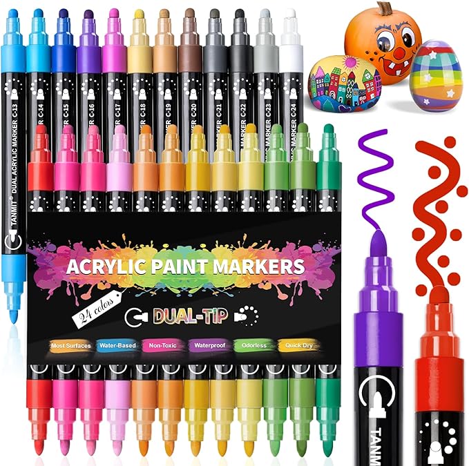 Acrylic Paint Pens Markers, 24 Colors Dual Tip Acrylic Paint Pens for Rock Painting, Wood, Canvas, Stone, Glass, Ceramic Surfaces, DIY Crafts Making Art Supplies (Round Tip and Fine Tip)