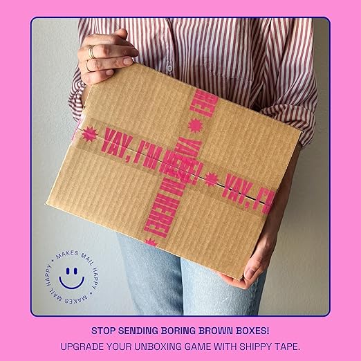 Fun Decorative Packing Tape for Small Business - Cute Designer Printed Packaging and Shipping Tape - 1.88" x 110 Yards (330 feet) - Yay, I'm Here! Clear Hot Pink,