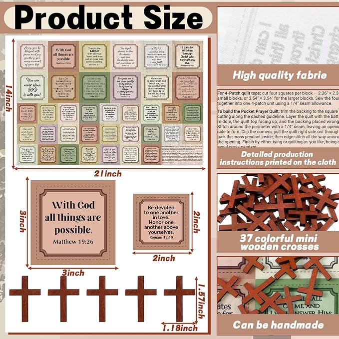 Pocket Prayer Quilt Panel Squares with Small Wooden Crosses Mini Scripture Pocket Prayer Quilt for Friend Family Religious Spiritual Gift Easter Reward Gift(Retro2,Brown)
