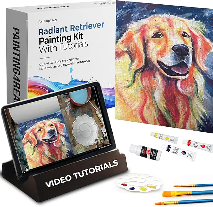 DIY Art Painting Kit for Adults – Learn to Paint Radiant Retriever with Video Tutorials – 9 Pieces Acrylic Paint Set for Adults –Perfect Christmas Crafts & Holiday Gifts for Art Lovers