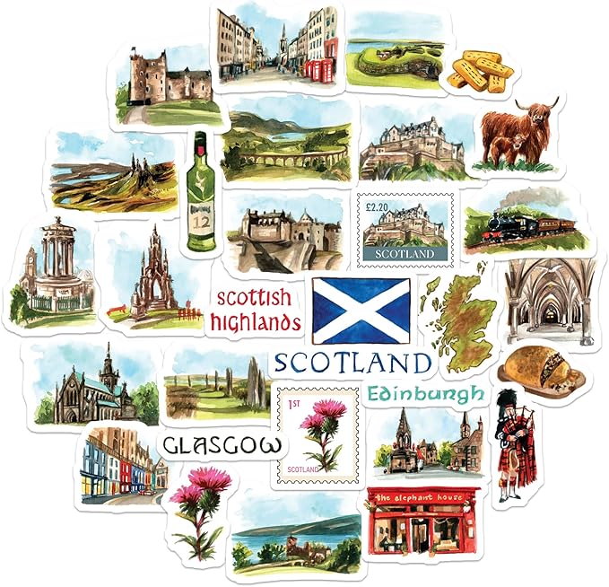 Navy Peony Spectacular Scotland Travel Stickers (31pcs) - Watercolor, Waterproof, Scottish Themed Vacation Decals for Journals, Scrapbooks, Tumblers