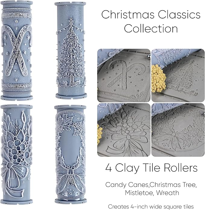 Christmas Classics 4-Pack Clay Texture Rollers (4") - Christmas Set #01 - Embossing Pattern Rollers for Polymer & Ceramic Clay, Pottery & Crafts