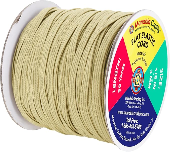 Mandala Crafts 3mm 50 Yds Roll of Beige Elastic Bands for Sewing - 1/8 Flat Elastics Cord - 1 8 Inch Braided Stretch Straps for Crafting
