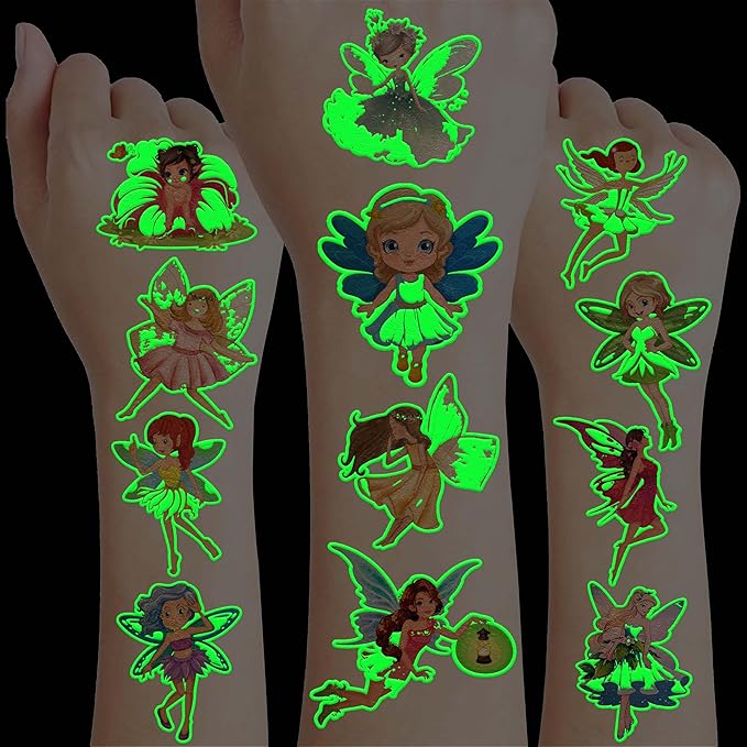96PCS Woodland Fairy Glow Temporary Tattoos Pre-Cut for Kids Girls Boys Birthday Party Favors Decorations Halloween Supplies Gifts Princess Fantasy Theme Neon Luminous Stickers (Glow in the dark)