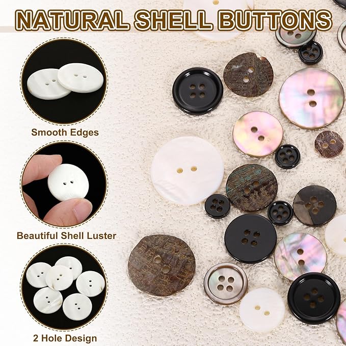 uxcell 60Pcs Natural Shell Buttons, 9mm 2-Hole Round Shell Craft Sewing Button, Decorative Accessories for Coats, Shirts, Clothing DIY Projects, White
