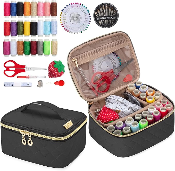 LoDrid Sewing Kit, Portable Flannel Bag with Complete Sewing Supplies for Travel & Home, Sewing Repair Kit Tools for Adults & Beginners, 24 Color Threads, 30 Needles & Sewing Accessories, Black