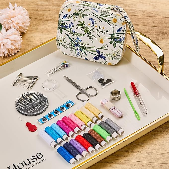 Printing Sewing Kit Bluebell Pattern Sewing Set Travel Sewing Supplies with Zipper Sewing Kit Case, 87 PCS Professional Sewing Accessory for Emergency, Home