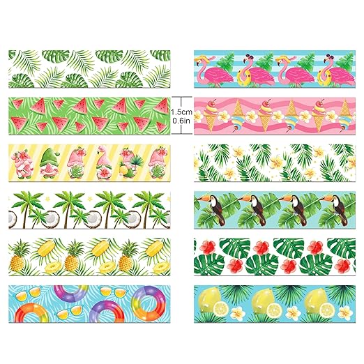 Adirasenotek Hawaiian Washi Tape 12 Rolls Flamingo Lemon Watermelon Aloha Masking Tape Hawaiian Theme Decorative Paper Stickers Tape Sticker,for DIY Crafts and Scrapbooking