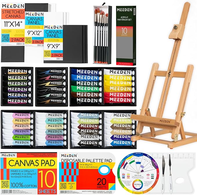 MEEDEN 72PCS Deluxe Acrylic Paint Set, Artist Painting Kit with Beech Wood Tabletop Easel, 48 Colors x 22ml Acrylic Painting Set, Canvas, Paint Brushes, Art Supplies for Adults, Kids, Beginners