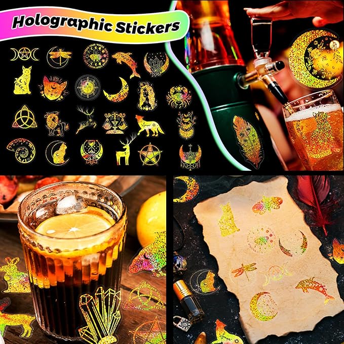 Yoksas 100Pcs Golden Holographic Glitter Magical Astrology Witch Stickers - Transparent Shiny Witchy Stickers for Scrapbooking,Water Bottles,Laptops,Journals