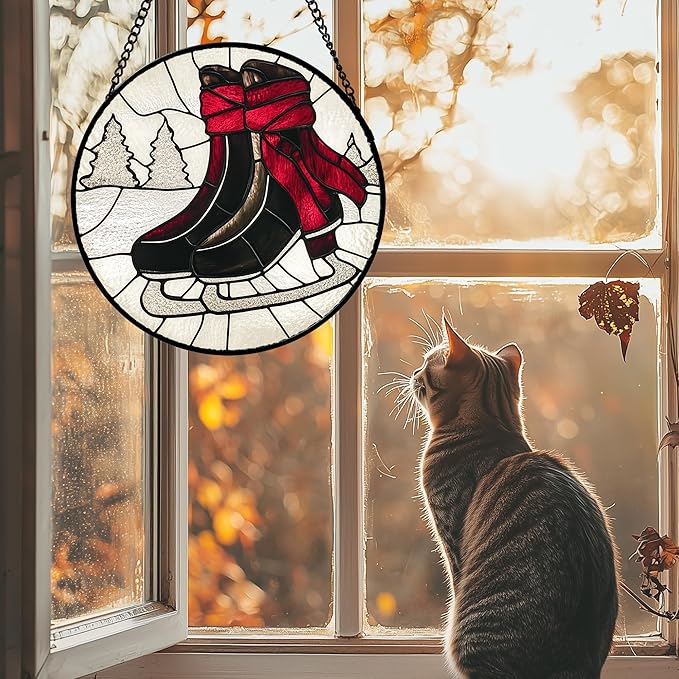 Stained Glass Window Hanging 4 Pcs Set Winter Skiing Red Christmas House 6.3" - Suncatcher Door Garden Sun Catcher Decor Birthday Mother's Day for Mom Woman Nana Friend