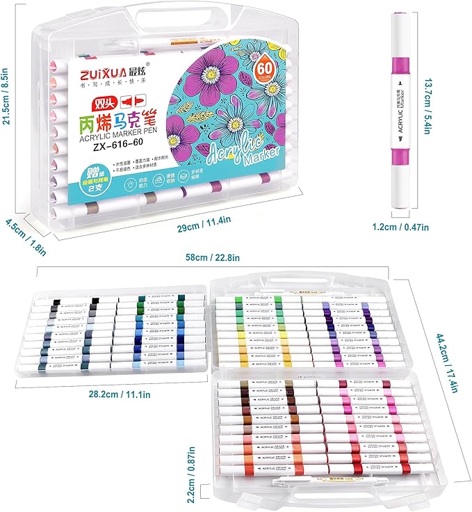 Acrylic Paint Pens Markers, 60 Colors Dual Tip Acrylic Paint Pens, Waterproof Markers for Rock Painting, Wood, Canvas, Stone, Glass, Ceramic Surfaces, DIY Crafts Art Supplies (Triangle pole 60color)