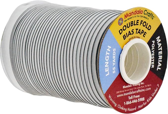 Mandala Crafts 55 Yards 1/2 Inch Gray Double Fold Bias Tape for Sewing - Bias Binding Tape for Quilting Binding, Hemming, Seam, and Fabric Piping