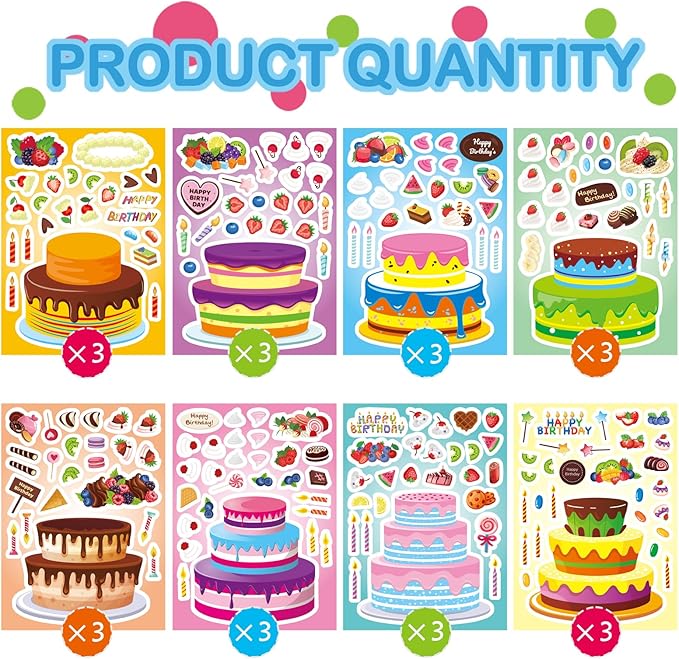 DUJAA 24 Sheets Birthday Stickers, Make-a-Cake Sticker for Kids, Birthday Cake Sticker Set, Color, Cartoon Style, Paper Material, Indoor Use, Kids' Party Gift, Scrapbook Decor, 24 Count