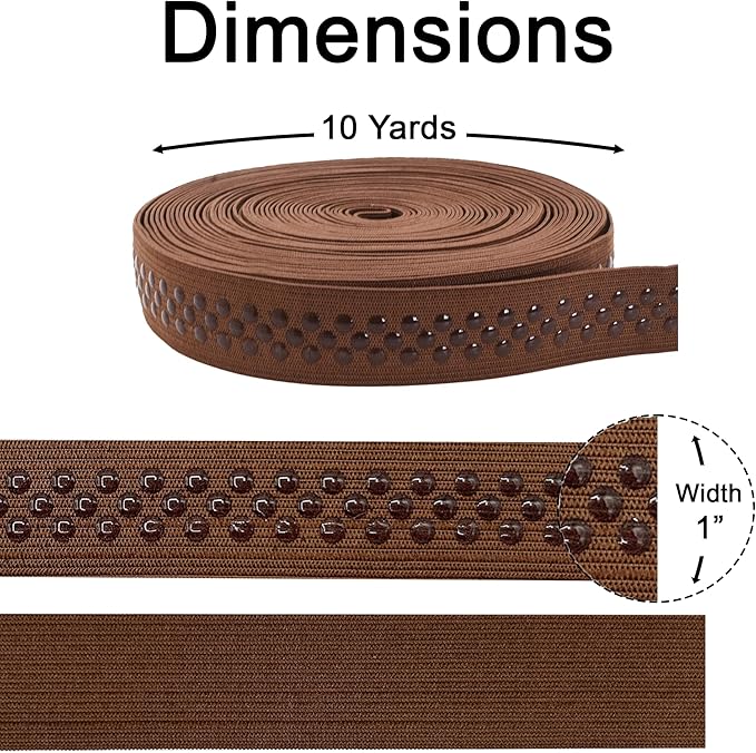 Mandala Crafts 1 Inch Elastic Silicone Gripper Tape for Clothing - 10 Yds Dotted Non Slip Elastic Band for Sewing - Brown Silicone Flat Fabric Stretchy Ribbon Straps