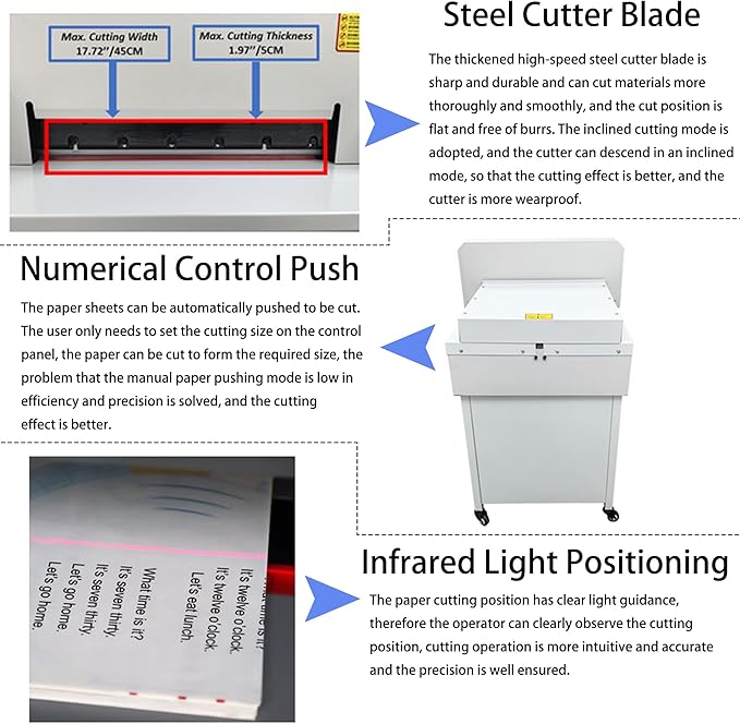 Commercial Electric Paper Cutter Guillotine 45cm Cutting Width NC Control Movable Paper Trimmer with LCD Display Storage Cabinet Two-Hand Safety Operation 110V for Books Pictures Files