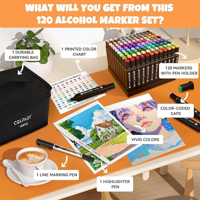 120 Colors Alcohol Markers Set Dual Tip Art Markers for Kids Marker Pens with Pen Holder and Case for Adult Painting Supplies Perfect for Painting, Coloring Book, Sketching and Drawing