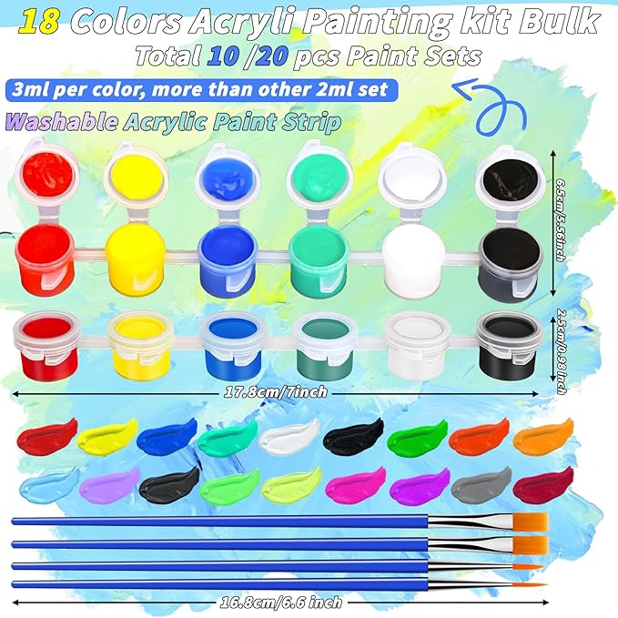 440 Pcs 18 Colors Mini Acrylic Paint Set for Kids Adults,Bulk Set of 20 Washable Craft Painting Kit, Acrylic Paint Strips Container with 40 Pcs Paintbrushes for Home Classroom Party Favors Paiting