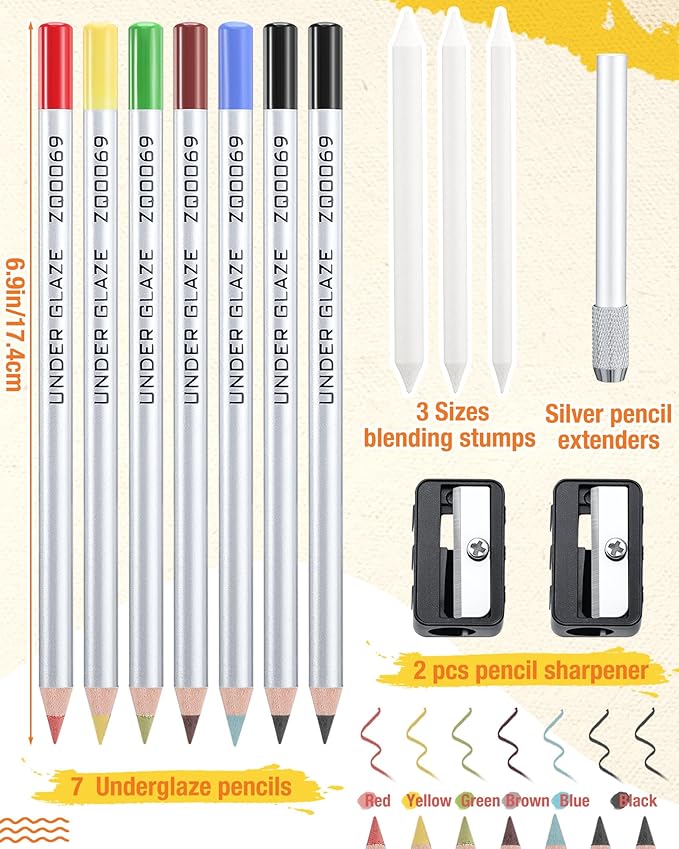 Affrolling 14 Pcs Underglaze Pencil Kits 7 Pcs Multicolor Underglaze Pottery Pen for Ceramics with Blending Stump Pencil Extenders Sharpener Pen Case for Decorating Under Ceramic Pottery Bisque Ware