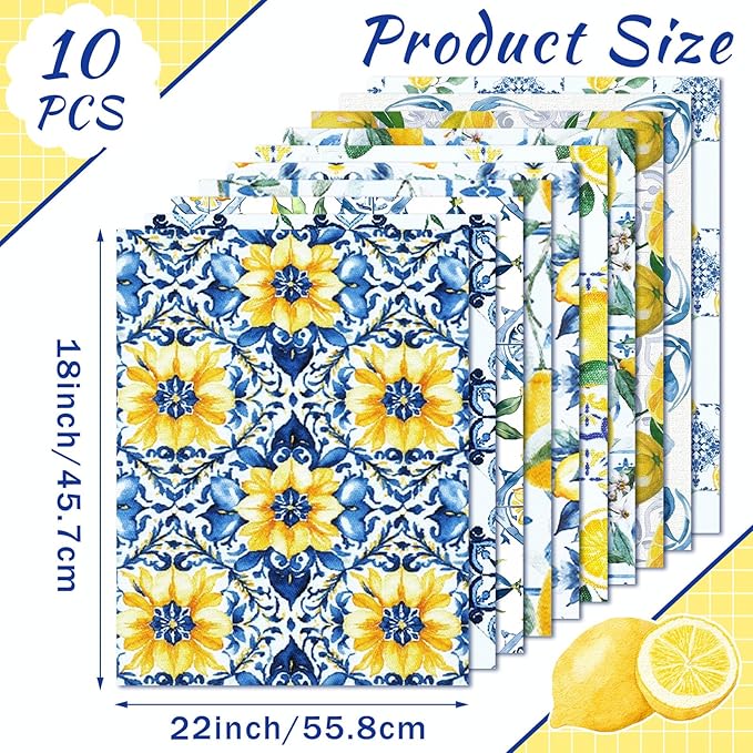 Hahafelt 10 Pcs Lemon Quilting Fabric Square 18 x 22 Inch Chinoiserie Quilted Fabric Bundle Blue White Yellow Lemon Printed Floral Precuts Patchwork Supplies for Summer DIY Sewing Crafts