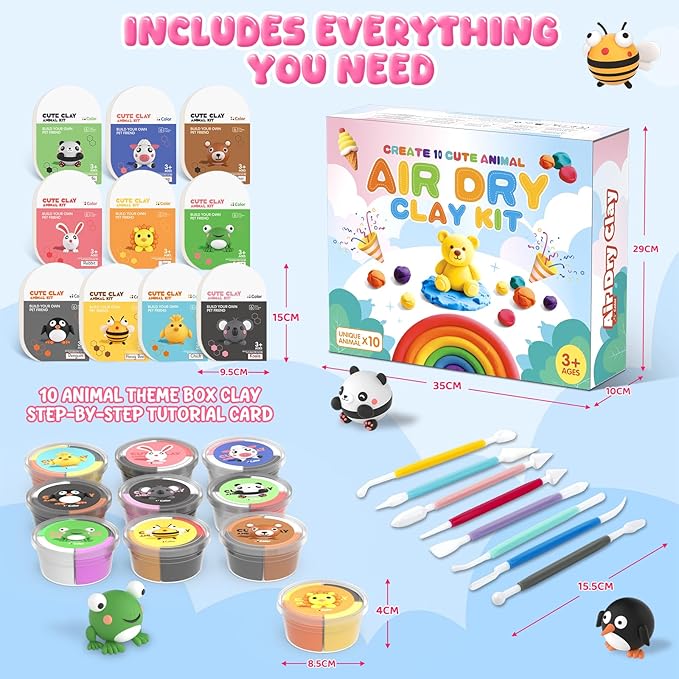 Air Dry Clay Kit for Kids, Modeling Clay for Kids, DIY Model Magic Clay Non-Sticky Soft & Ultra Light with Sculpting Tools, Birthday Christmas Gift for Boys Girls Ages 3 4 5 6 7 8+