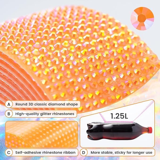 Novani Self Adhesive Rhinestone Ribbon, 1.18 Inch 3 Yards 1 Roll, Orange AB Diamond Bling Strips for DIY Crafts, Glitter Resin Rhinestones Tape for Crafting, Car Decoration