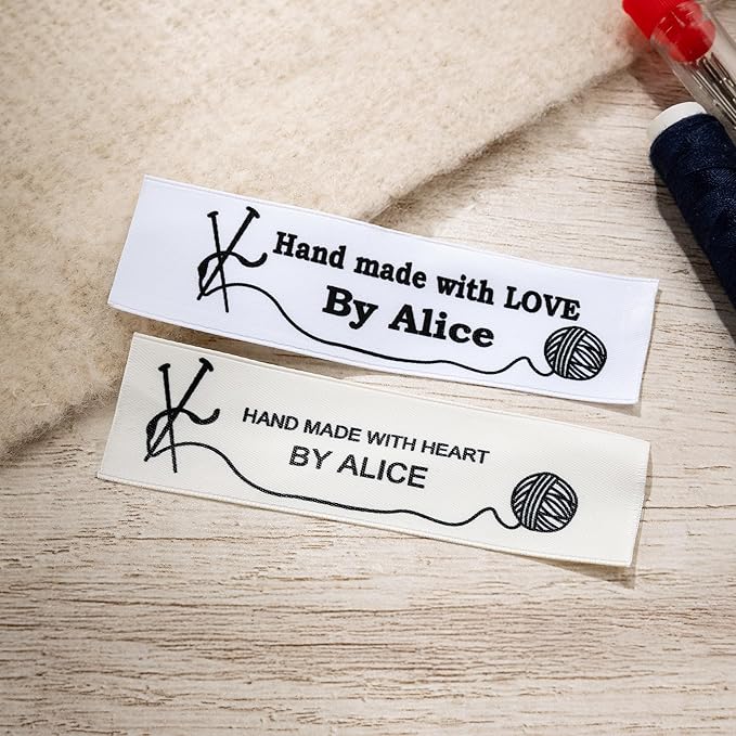 callie Personalized 25-200Pcs Sewing Labels - Custom Text & 10 Cute Pattern, Fabric Handmade with Love Sewing Tags for Clothes, Gifts for Knitting DIY Craft Lovers