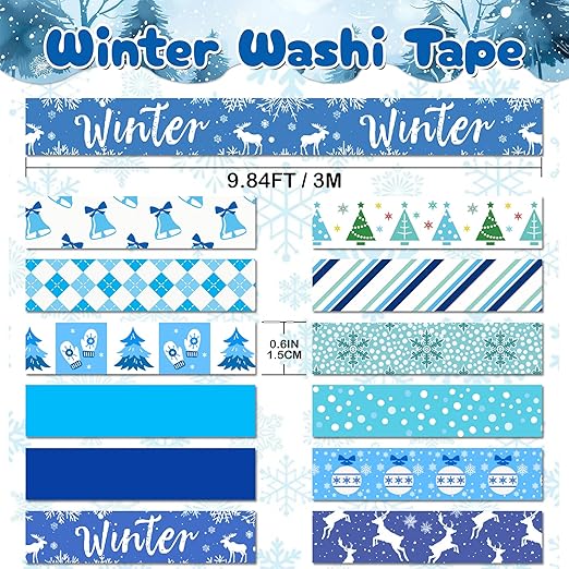 Winter Washi Tape Set,12 Rolls Blue White Holiday Decorative Tape Snowflake Xmas Tree Bell Reindeer Masking Tape for Journaling Supplies,Journal,Scrapbooking,DIY Arts & Crafts, Gift Wrapping