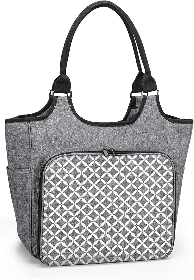 YARWO Knitting Tote Bag, Yarn Storage Organizer for Yarn Skeins, Knitting Needles, Crochet Hooks and Knitting Projects, Christmas & New Beginnings Gifts for Women, Gray with Grid (Patent Pending)