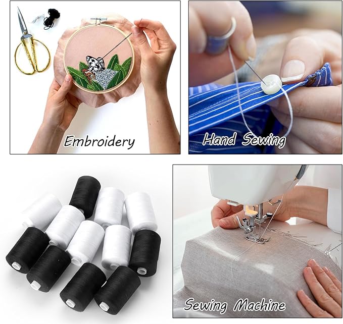 ilauke Sewing Thread, 12 Spool All Purpose Polyester Thread, Each 1000 Yards Sewing Thread for Hand Sewing,Quilting,Sewing Machine, 6 x White & 6 x Black