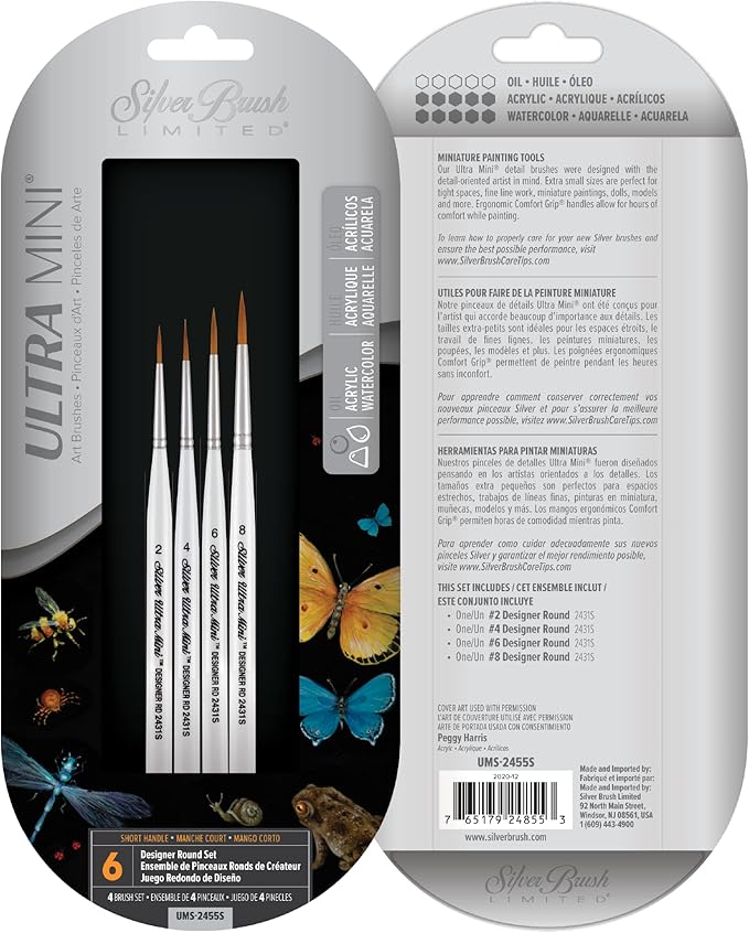 Silver Brush Limited UMS-2455S Ultra Mini Ultimate Round Set for Watercolor, Gouache, Inks, Dyes, Acrylic, & Heavy Body Paints, Set of 4 Round Brushes, Size 2, 4, 6, and 8, Short Handle