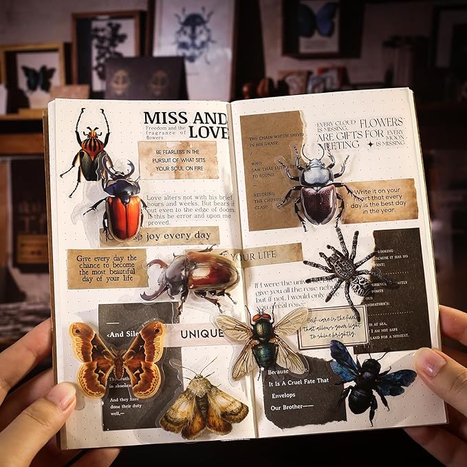 100 Pcs Insect Stickers Pack, Clear Scrapbook Realistic Bug Decals Butterflies Beetles Spiders Bees Dragonflies Waterproof Aesthetic Nature Stickers for Journaling Craft Decor