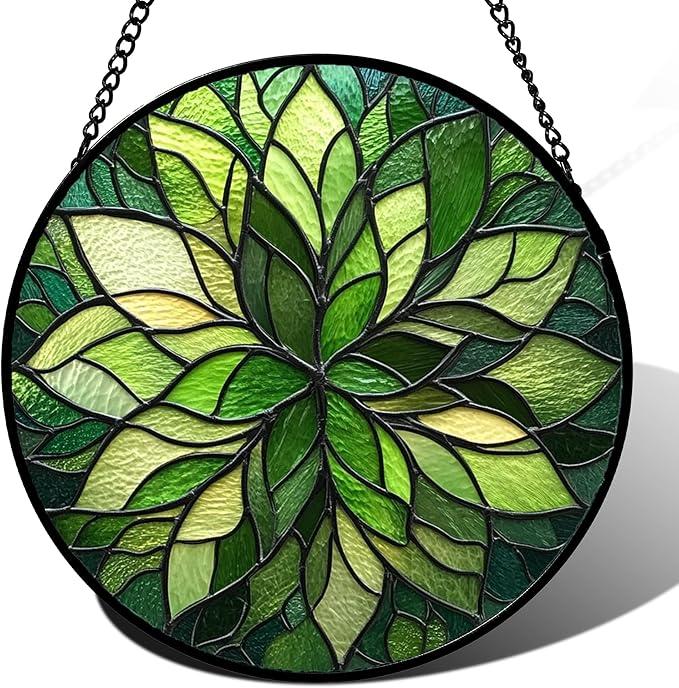 Stained Glass Window Hanging - Green Gradient Flowers Suncatcher for Doors Window Home Plant Sun Catchers Decor Christmas Mother's Day Birthday Gifts for Teacher Women Men Mom Nana 7.8 in
