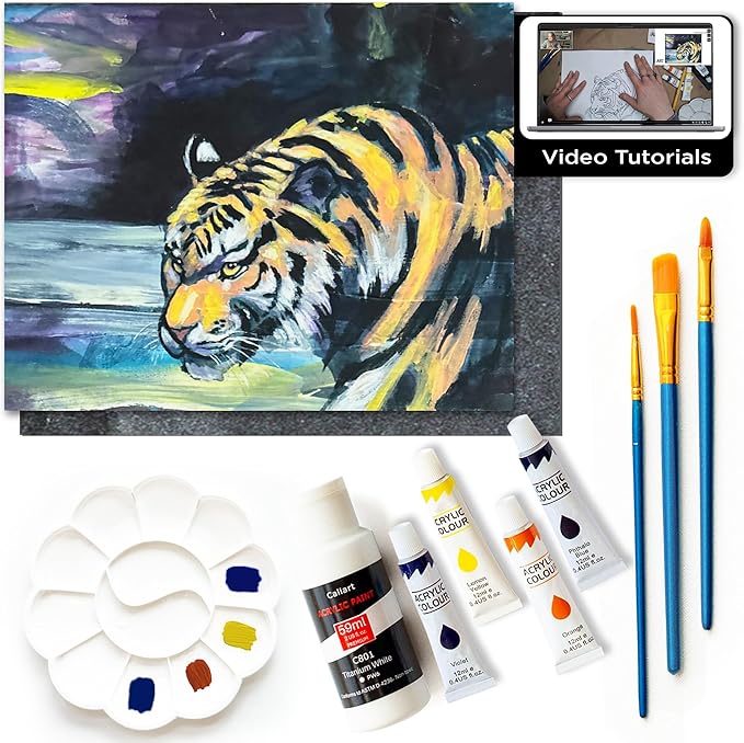 DIY Art Painting Kit for Adults – Learn to Paint Abstract Tiger with Video Tutorials – 9 Pieces Acrylic Paint Set for Adults –Perfect Christmas Crafts & Holiday Gifts for Art Lovers