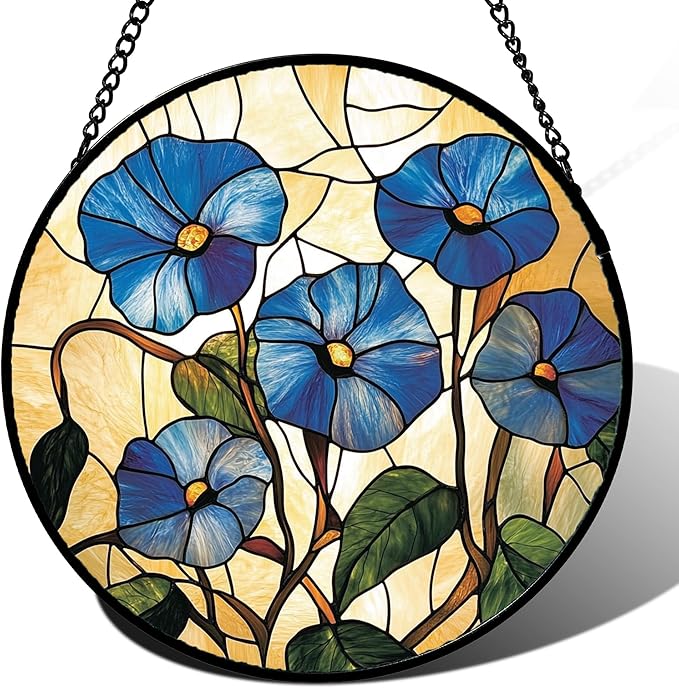 Stained Glass Window Hanging - Morning Glory Suncatcher for Door Garden Home Decor Birth Flower Sun Catcher Christmas Birthday for Lovers Friend Women Mom Nana 9.8 in