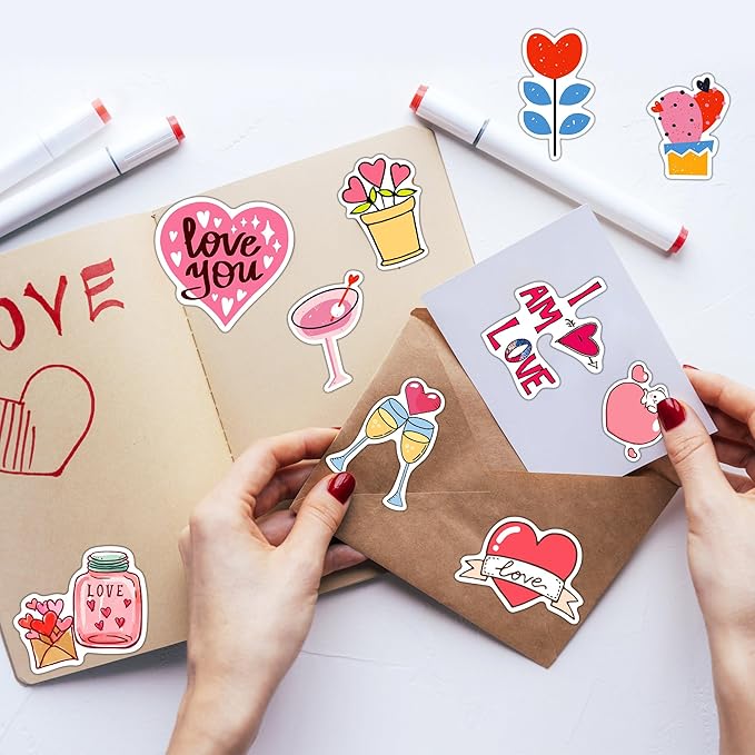 100 Pcs Valentine's Day Stickers, Waterproof Vinyl Love Heart Stickers for Water Bottles, Laptops, Gift Boxes, Phone Case, Party Decorations
