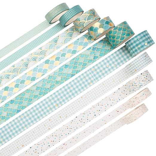 YUBX Creative Washi Tape Set 10 Rolls Gold Foil Print Decorative Masking Tapes for Arts, DIY Crafts, Journals, Planners, Scrapbook, Wrapping (Blue Melody)
