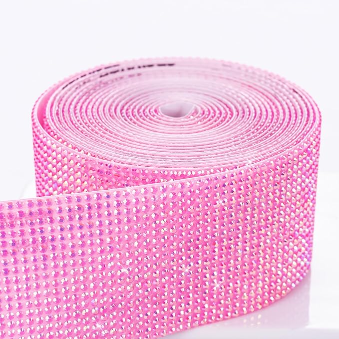 Novani Self Adhesive Rhinestone Ribbon, 1.57 Inch Wide 3 Yards 1 Roll, Hot Pink AB Crystal Diamond Bling Strips for DIY Crafts, Home Decor, Clothing,Shoes, Car Decoration