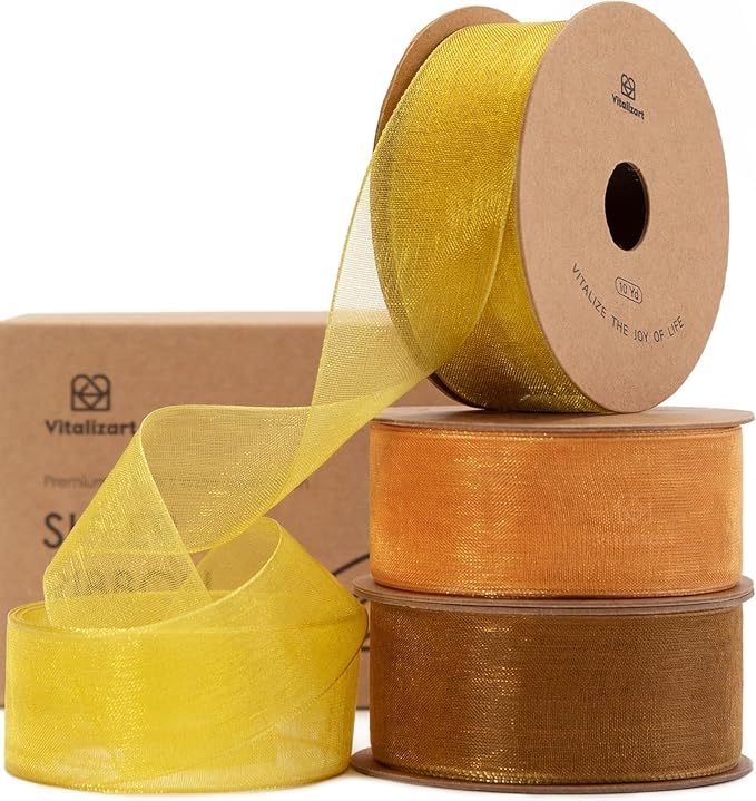 Vitalizart Gold Ribbon Organza Sheer Ribbon 1 inch x 30 Yd Fall Ribbon Handmade Fabric Ribbons for Gift Wrapping Christmas Tree Crafts Bows Wedding Invitations Wreaths Wrap