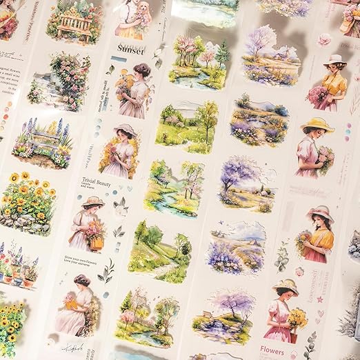 Garden and Girl PET Tape Set, 4 Rolls Pre-Cut Adhesive Tapes for Scrapbooking, Journaling, DIY Crafts, and Art Supplies