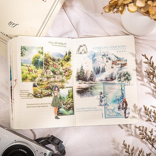 6 Rolls Seasonal Landscape Washi Tape Set, Nature-Inspired Stickers for Journaling, Scrapbooking, and DIY Crafts, with Decorative Clip