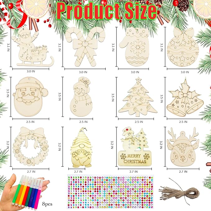Aodmti 60 pcs DIY Christmas Wooden Ornaments Unfinished Wood Slices to Paint, Wooden Christmas Ornaments Crafts with 12 Styles,DIY Snowflake,Santa Claus,Moose Christmas Tree Ornaments kit