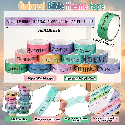 Janlaugh 24 Rolls Christian Washi Tape Gifts Bulk Religious Inspirational Scripture Supplies Rainbow Morandi Bible Verse Washi Tape for Bible Journaling Study Crafting New Year DIY Gifts